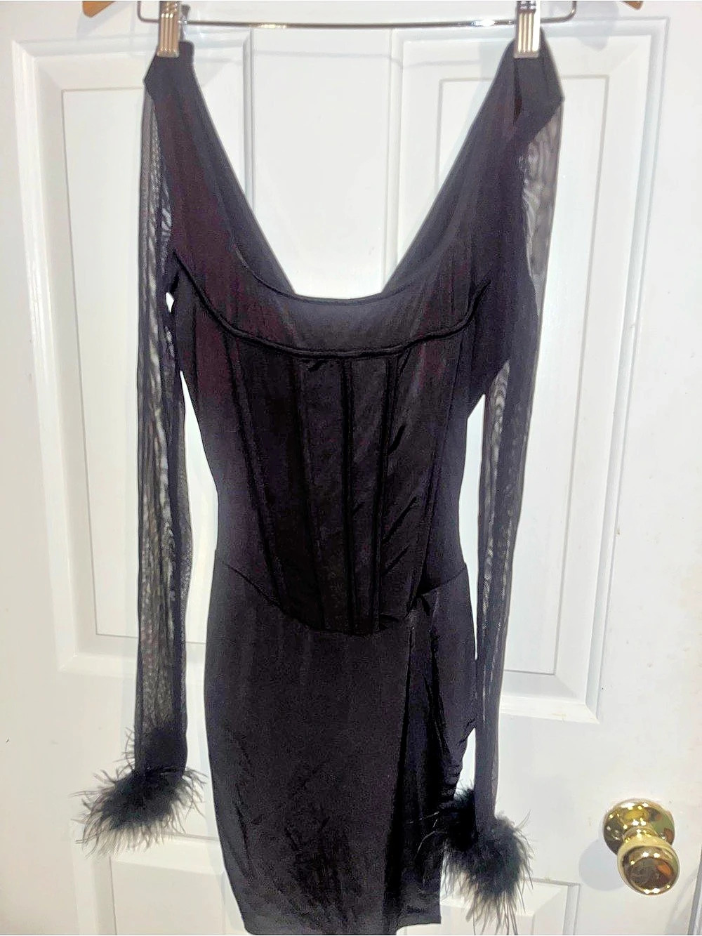 Queen Mania Black Mini Dress with Sheer Sleeves